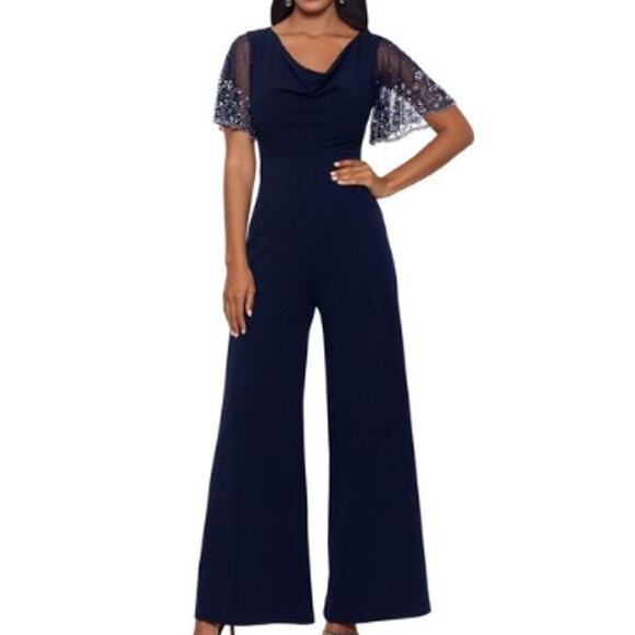 BETSY & ADAM SZ S 4 navy blue embellished beaded flutter sleeve jumpsuit NEW B47 - Picture 1 of 9